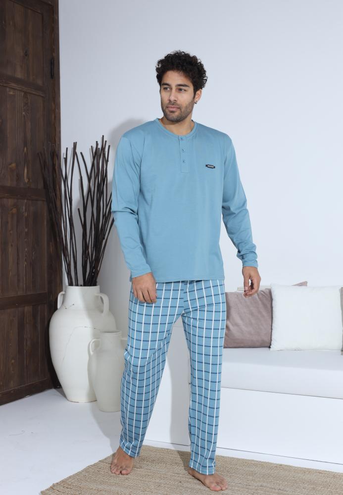 Pijama Barbati ,Maneca si Pantaloni Lungi,Culoare Turcoaz cu Alb,Engros